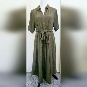 Solid Button Pocket Shirt Collar Belted Maxi Dress